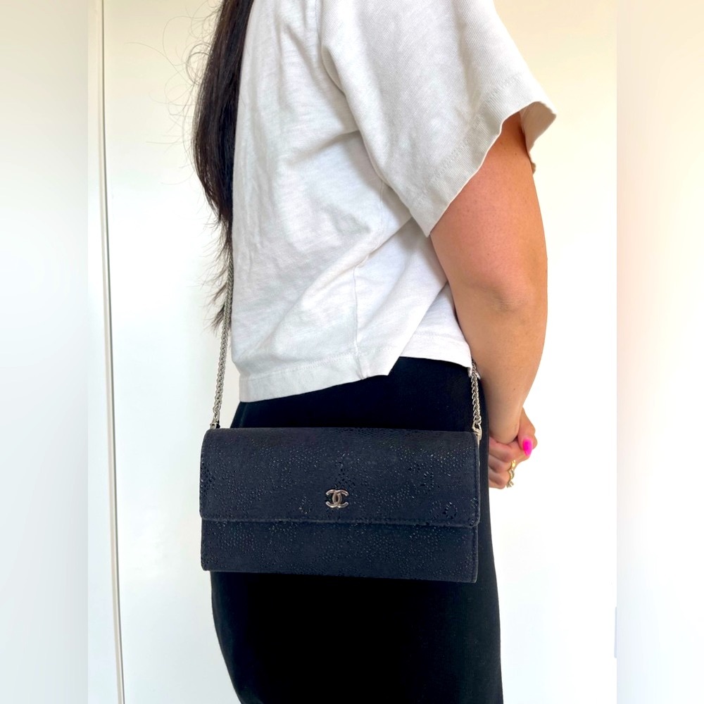 Rare Authentic Navy Chanel Flap XL floral wallet with crossbody strap and card !